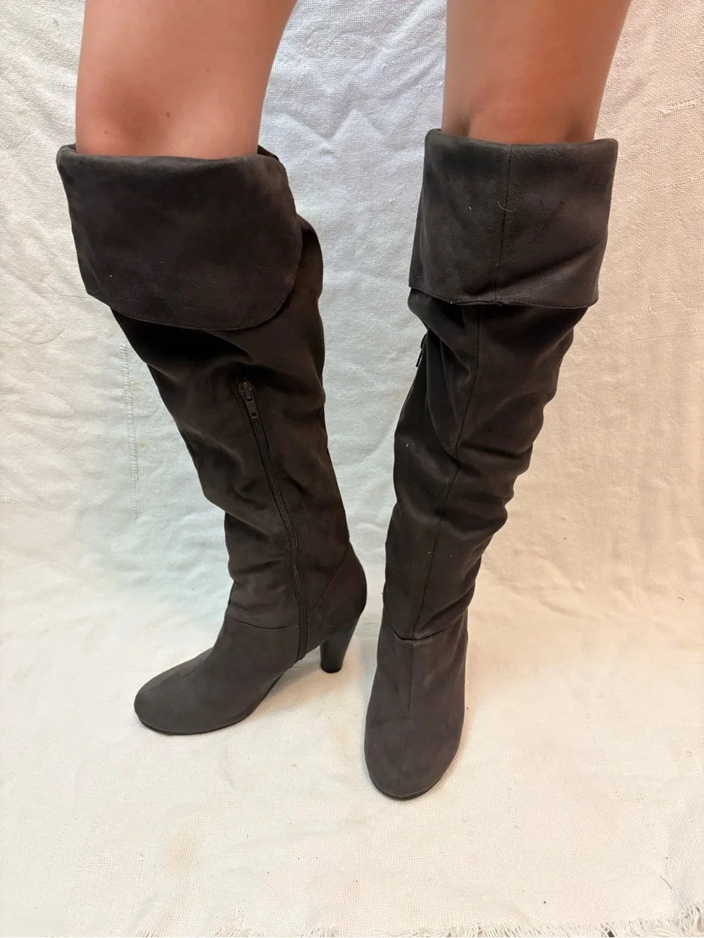 Women’s Over-the-Knee Fold-Top Heeled Boots - Black